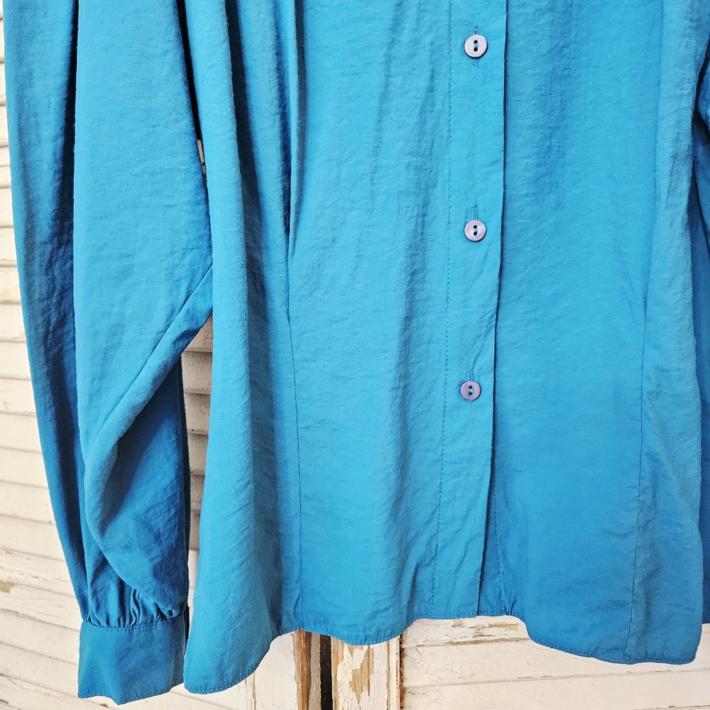 Vintage 80s Teal Blue High Neck Blouse With Gathered Shoulders Small/Medium - Picture 4 of 11